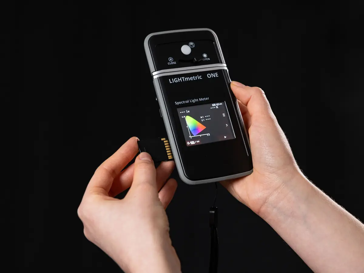 SD card being inserted into the LIGHTmetric ONE spectral light meter